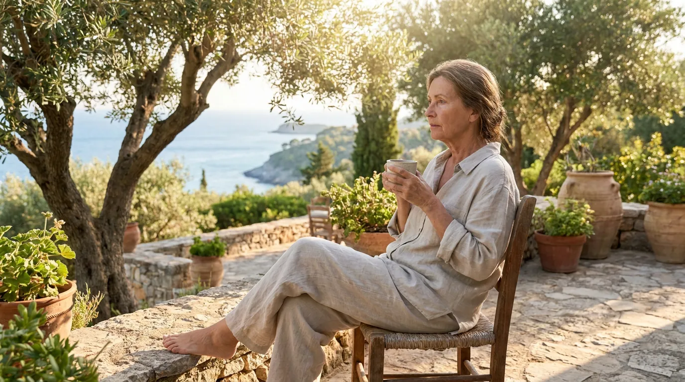 A person relaxing on a sunlit terrace looking out into peaceful nature.