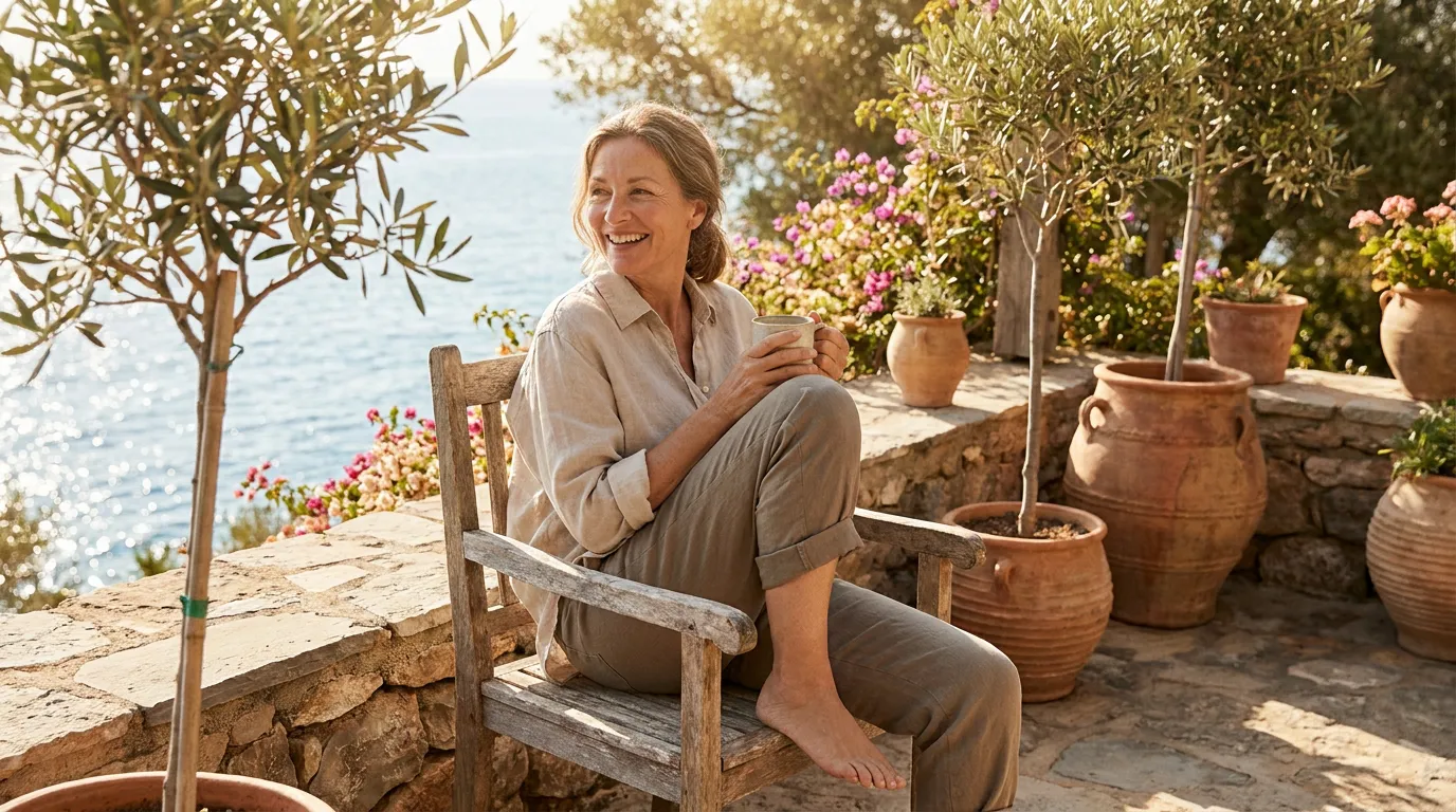 Vital person enjoying warm morning sunlight outdoors in a Mediterranean setting