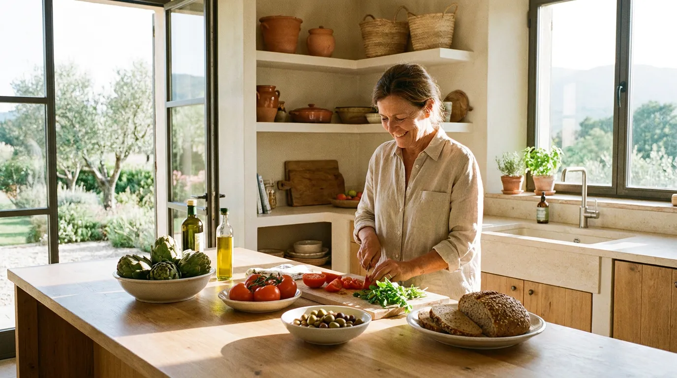 Eine Frau bereitet in einer hellen, sonnigen mediterranen Küche frische nährstoffreiche Zutaten zu