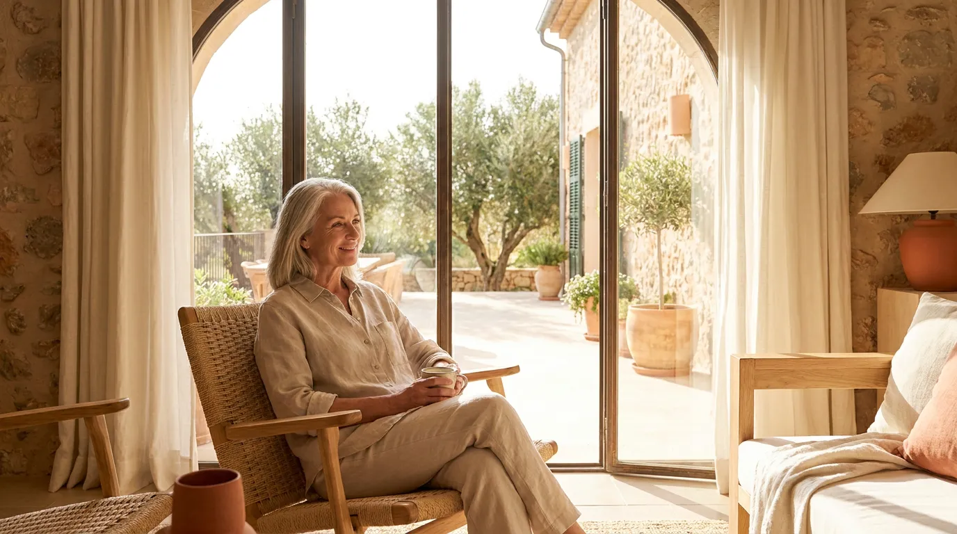 A relaxed person looking thoughtfully through a sunlit window in the morning.