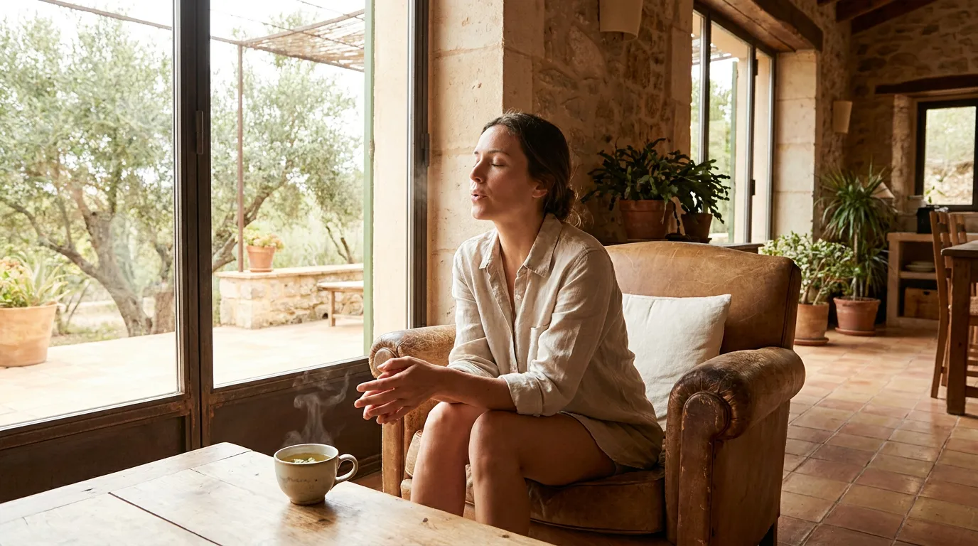 Una persona relajada practicando respiración consciente con la suave luz de la mañana.