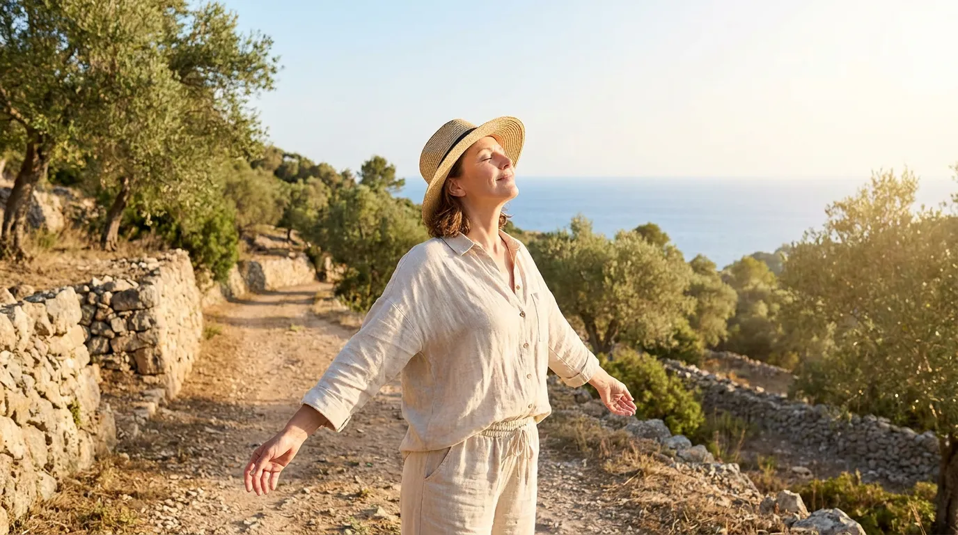 An active person walking outdoors in the Mediterranean morning light