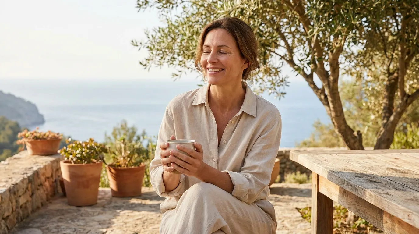 A vital woman in her late forties relaxing in the morning sun on a Mediterranean terrace.