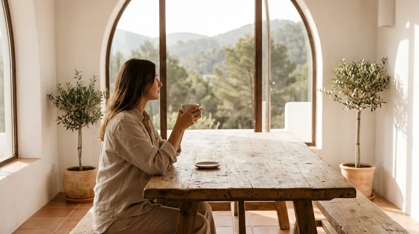 Persona relajada sentada junto a una mesa con luz natural suave, disfrutando de un momento de calma mental.