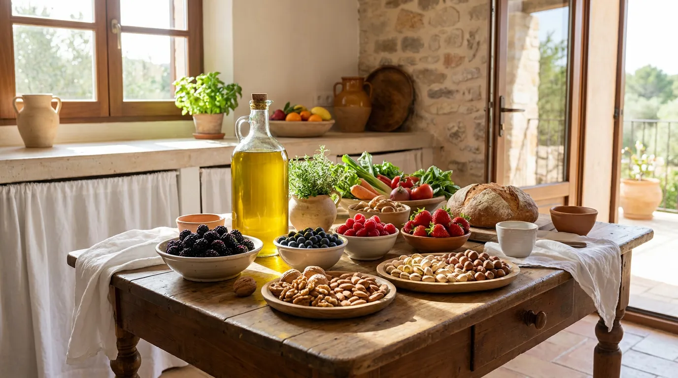 Fresh, colorful Mediterranean ingredients including berries, nuts, and olive oil on a light wooden table