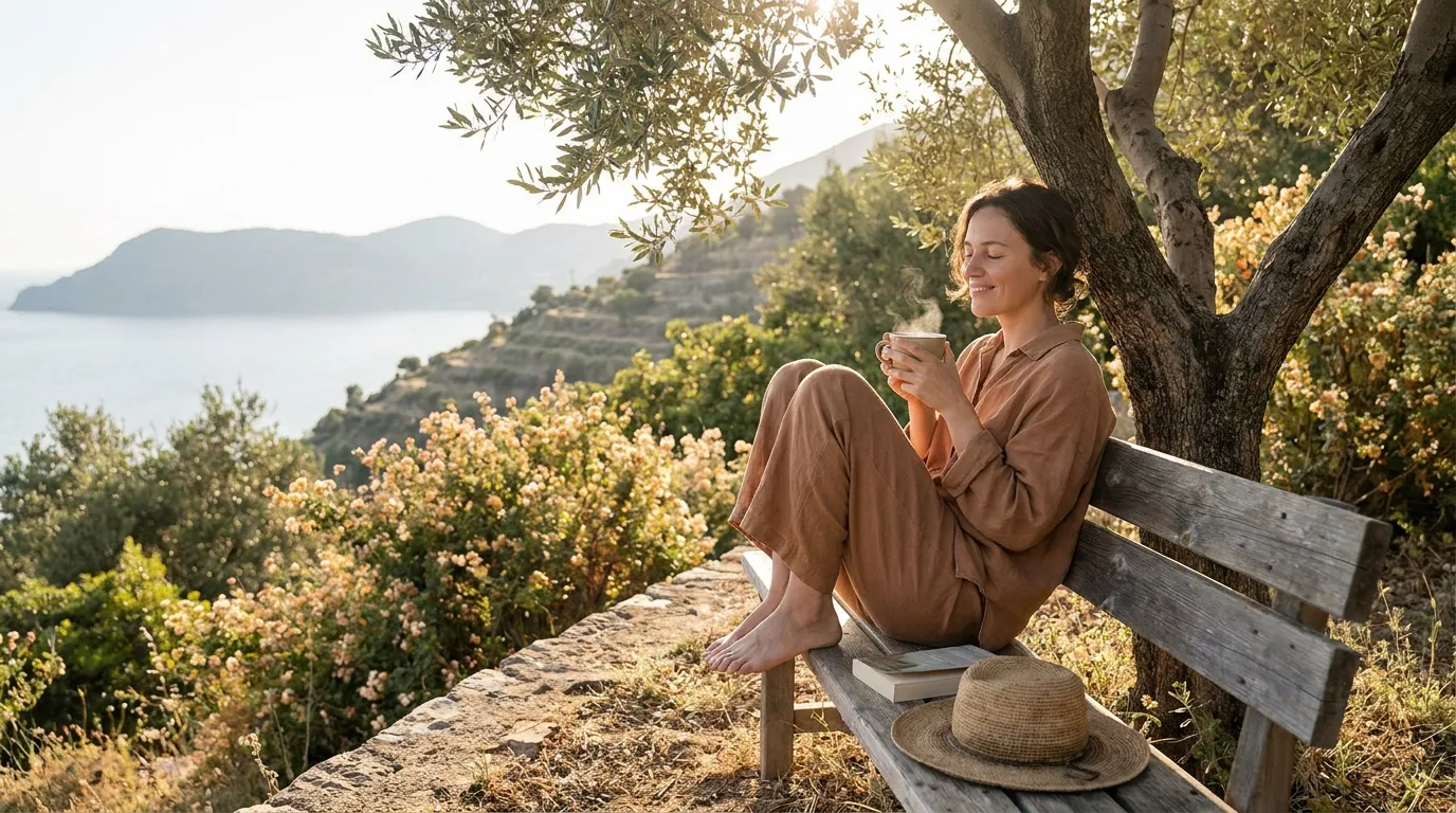 A person sitting peacefully on a wooden bench outdoors in gentle morning sunlight.