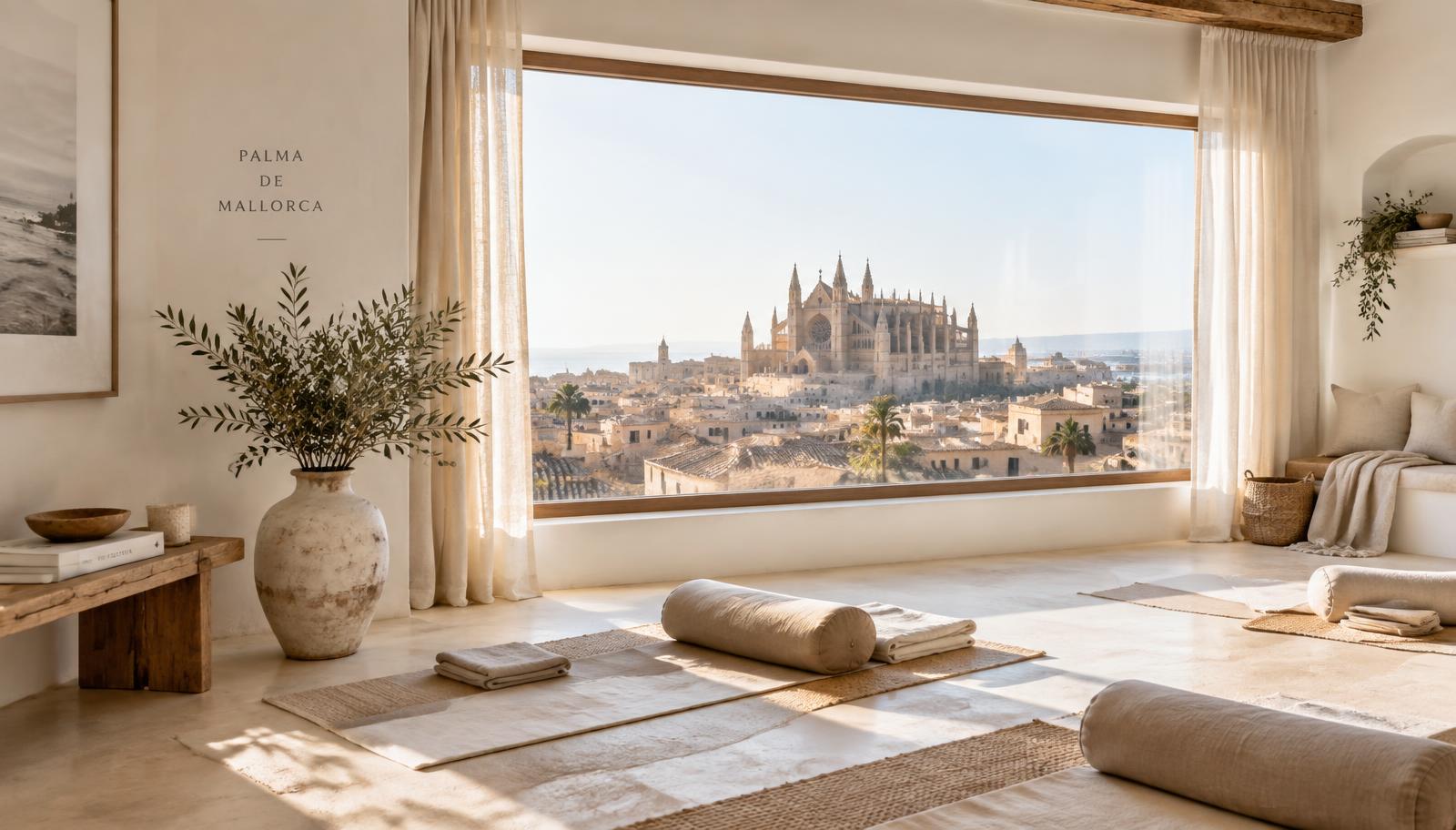 Sala luminosa de estilo mediterráneo con una rama de olivo y vistas sobre los tejados de Palma hasta la catedral.