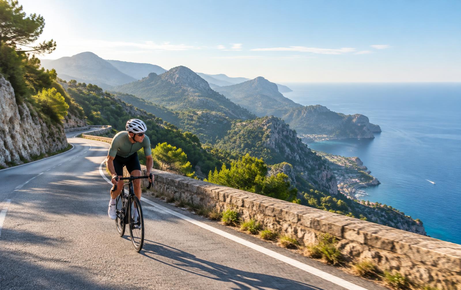 Road cyclist on a winding Serra de Tramuntana road overlooking the sea.