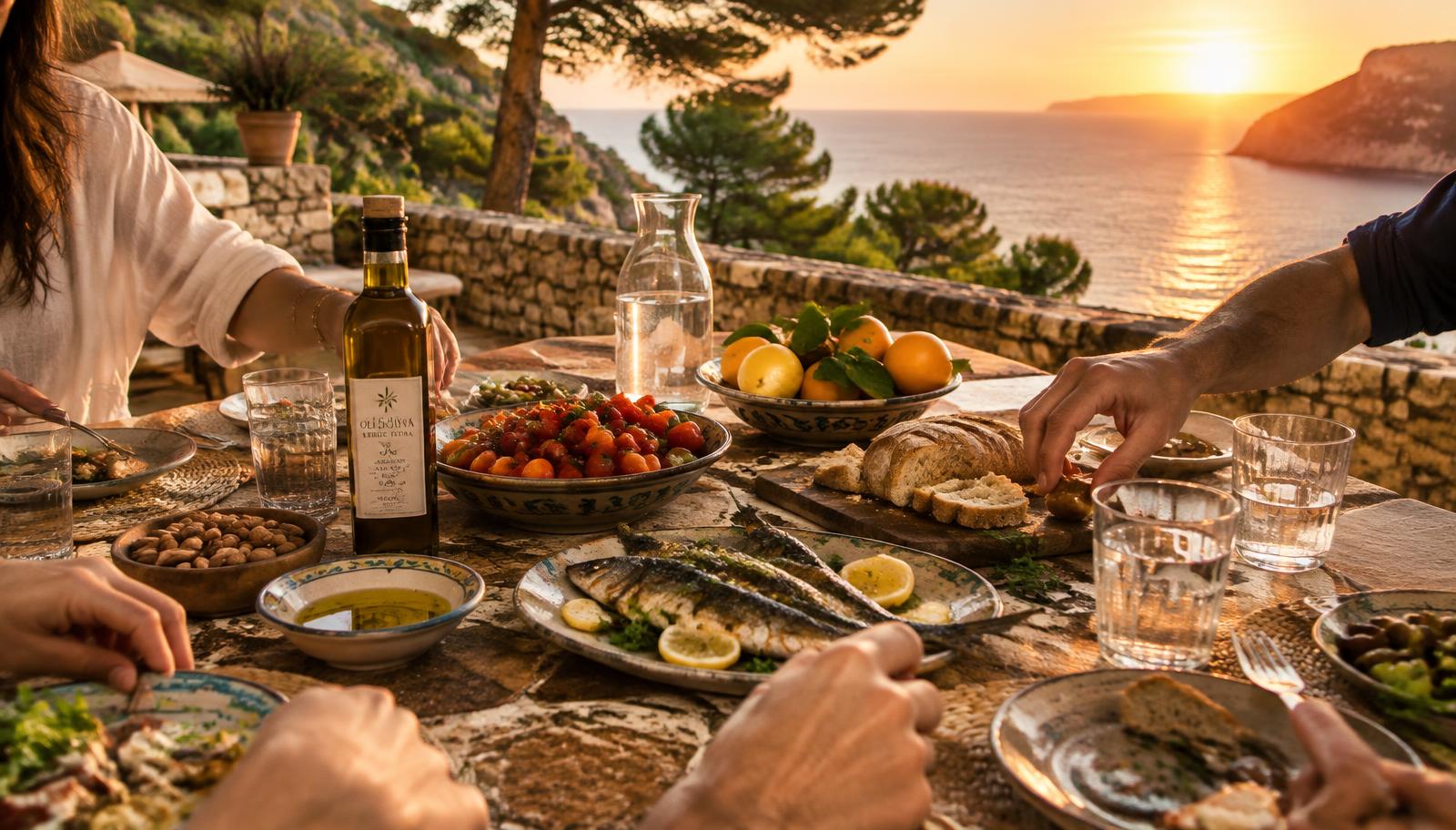 Mesa en una terraza de piedra mallorquina con aceite de oliva, tomates, almendras y pescado, con el mar al atardecer de fondo.